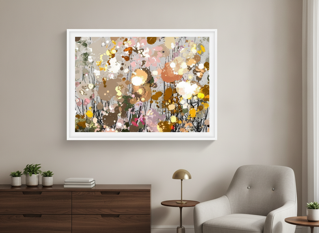 Minimalist artwork displayed in a calm, light-filled bedroom interior