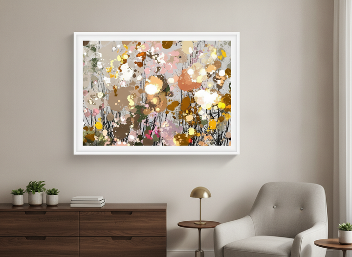 Minimalist artwork displayed in a calm, light-filled bedroom interior