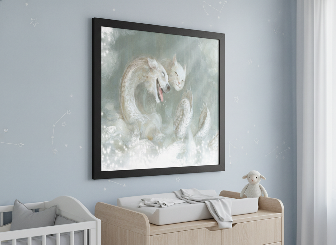 Soft neutral wall art styled in a serene nursery with pastel tones