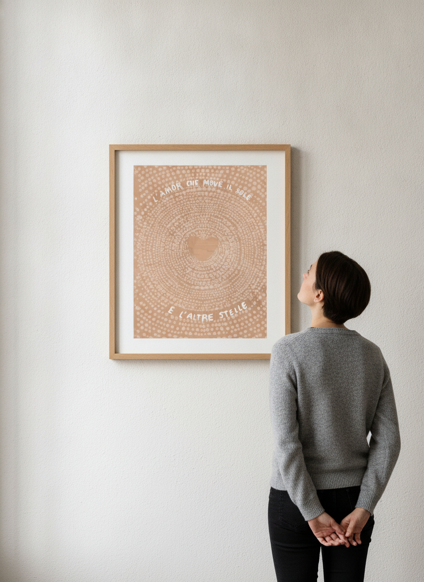 Person showcasing the artwork against a clean modern interior wall