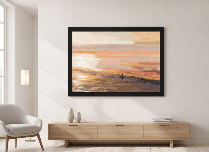 Modern wall art styled above a sofa in a neutral living room