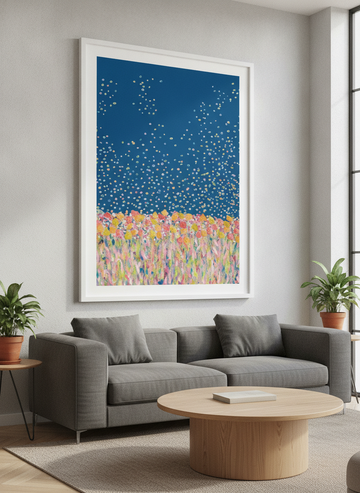 Modern wall art styled above a sofa in a neutral living room