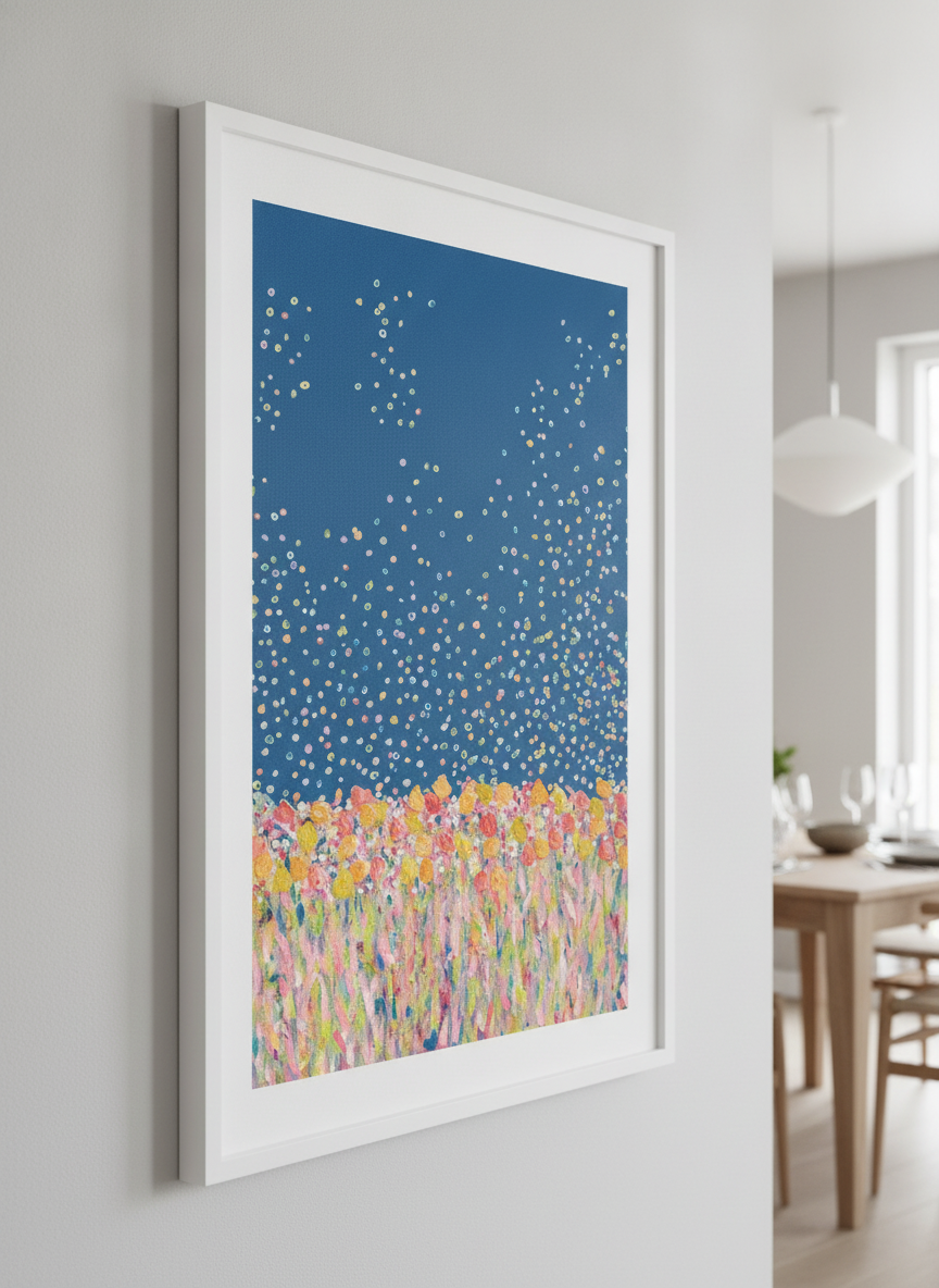 Wall art styled above a dining table in a contemporary home