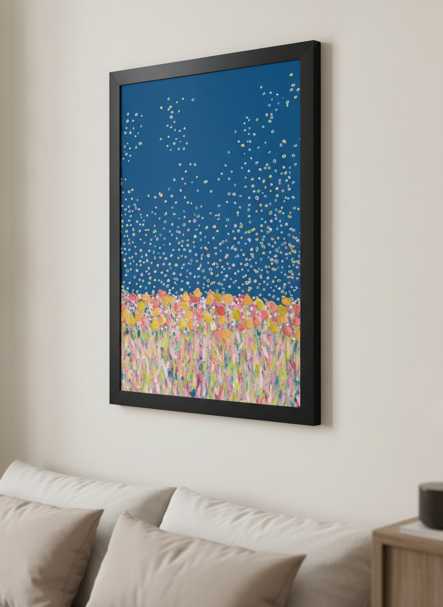 Minimalist artwork displayed in a calm, light-filled bedroom interior