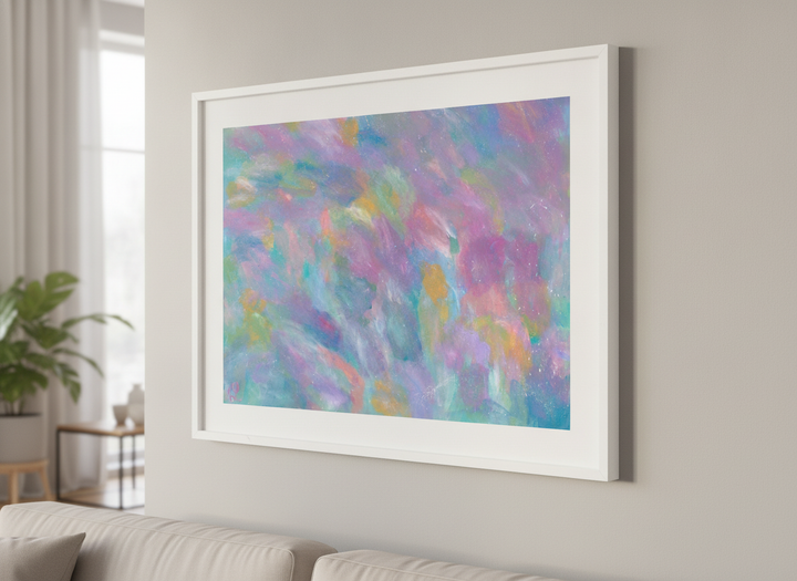 Modern wall art styled above a sofa in a neutral living room