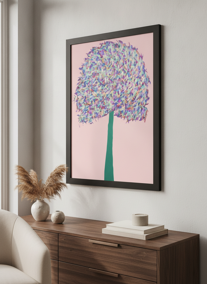 Minimalist artwork displayed in a calm, light-filled bedroom interior