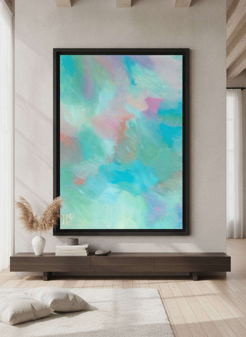 Monumental artwork centred on a feature wall in a luxe interior