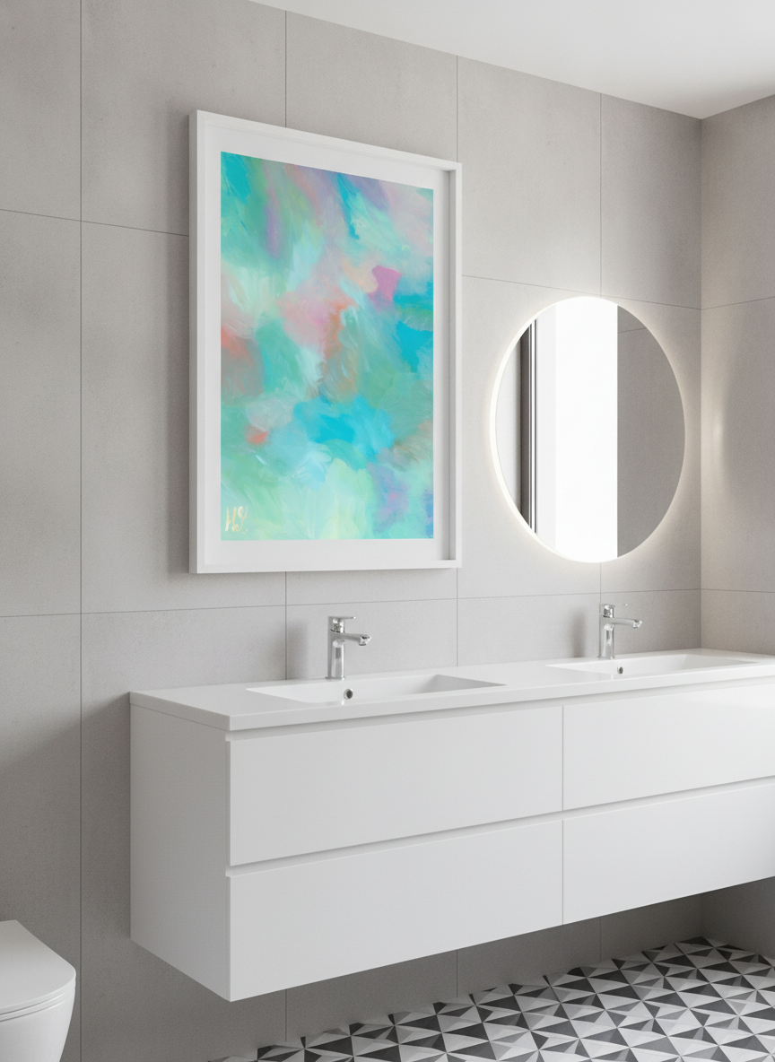 Modern print displayed in a clean minimalist bathroom setting