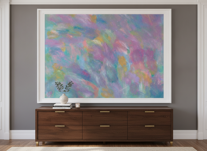 Monumental artwork centred on a feature wall in a luxe interior