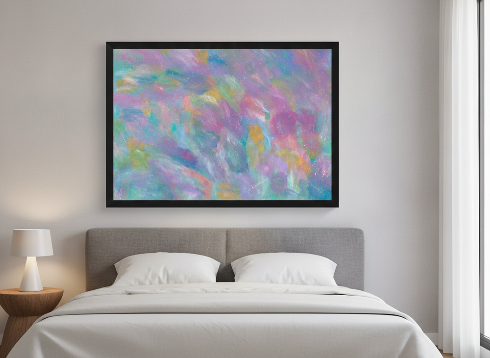 Minimalist artwork displayed in a calm, light-filled bedroom interior