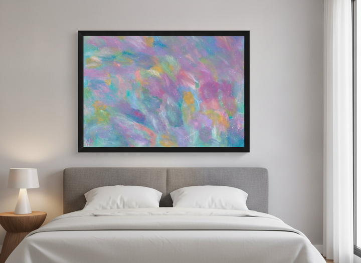 Minimalist artwork displayed in a calm, light-filled bedroom interior