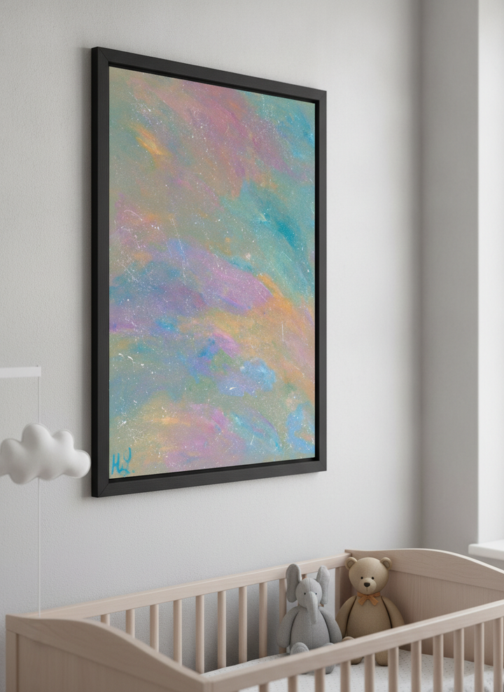 Soft neutral wall art styled in a serene nursery with pastel tones
