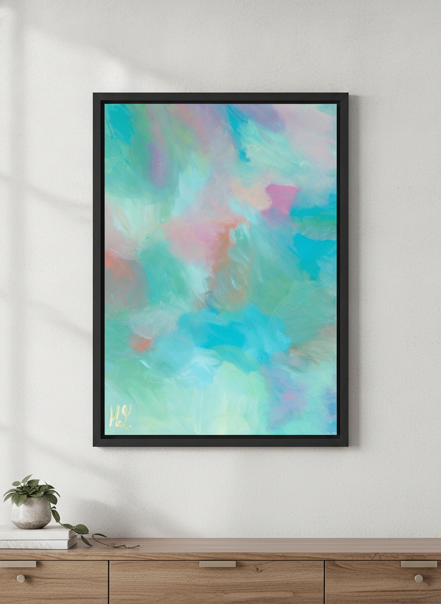 Minimalist artwork displayed in a calm, light-filled bedroom interior