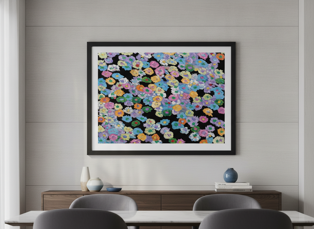 Wall art styled above a dining table in a contemporary home