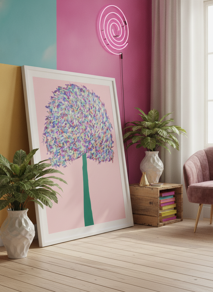 Bold wall art styled in a colourful, eclectic modern home