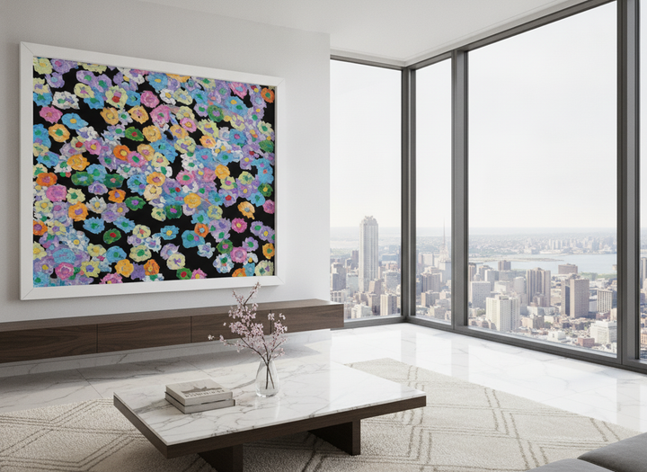 Monumental artwork centred on a feature wall in a luxe interior