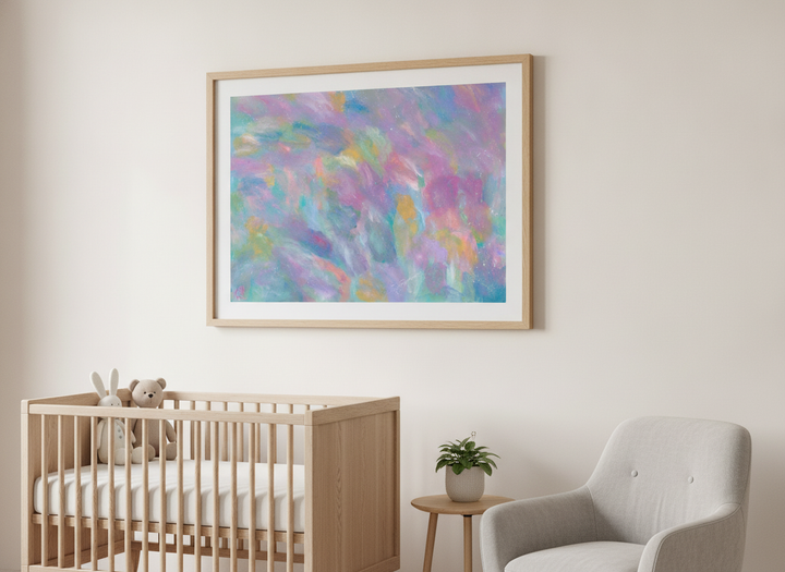 Soft neutral wall art styled in a serene nursery with pastel tones