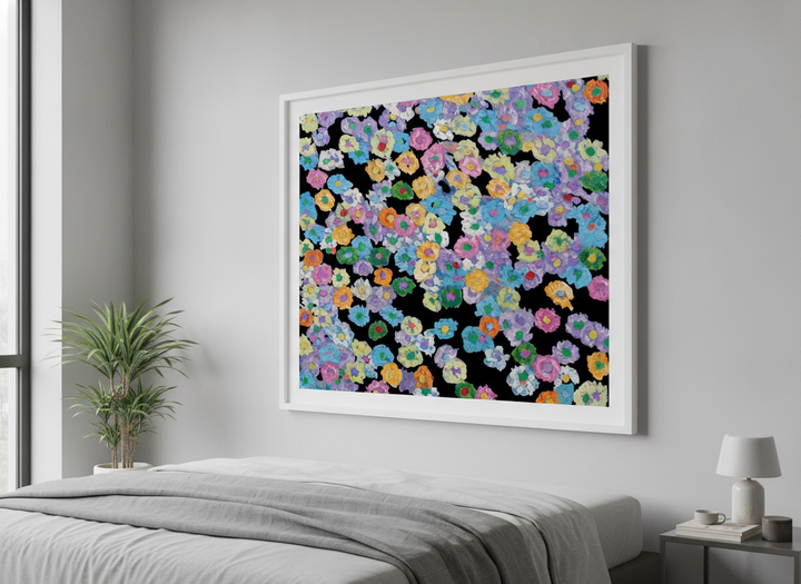 Minimalist artwork displayed in a calm, light-filled bedroom interior