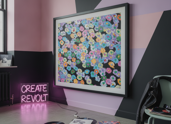 Bold wall art styled in a colourful, eclectic modern home