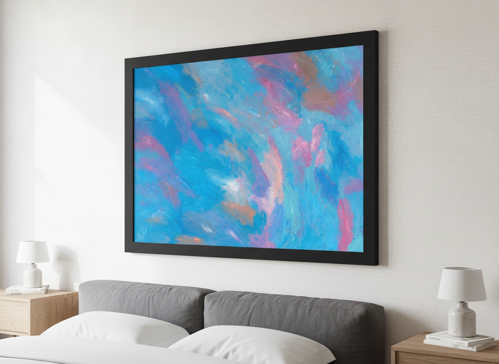 Minimalist artwork displayed in a calm, light-filled bedroom interior