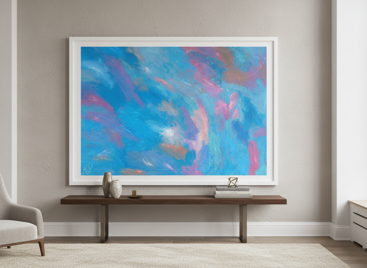 Monumental artwork centred on a feature wall in a luxe interior