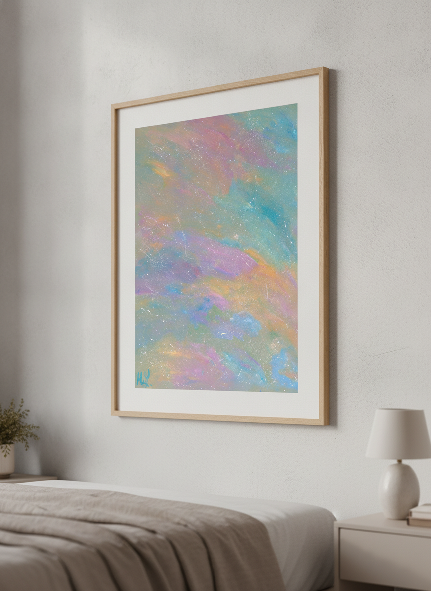 Minimalist artwork displayed in a calm, light-filled bedroom interior