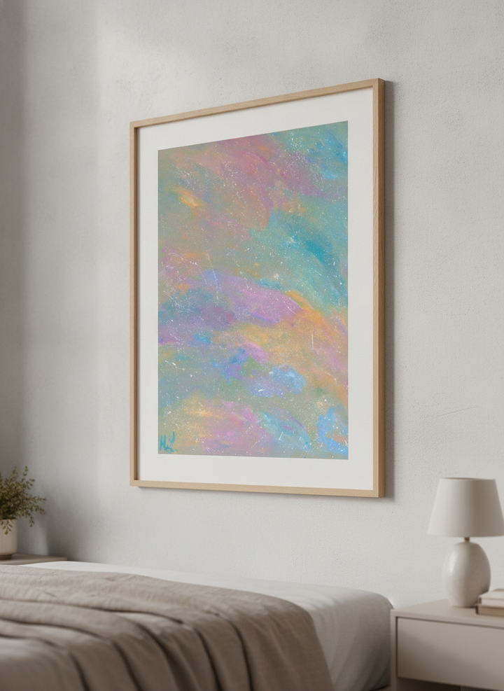 Minimalist artwork displayed in a calm, light-filled bedroom interior