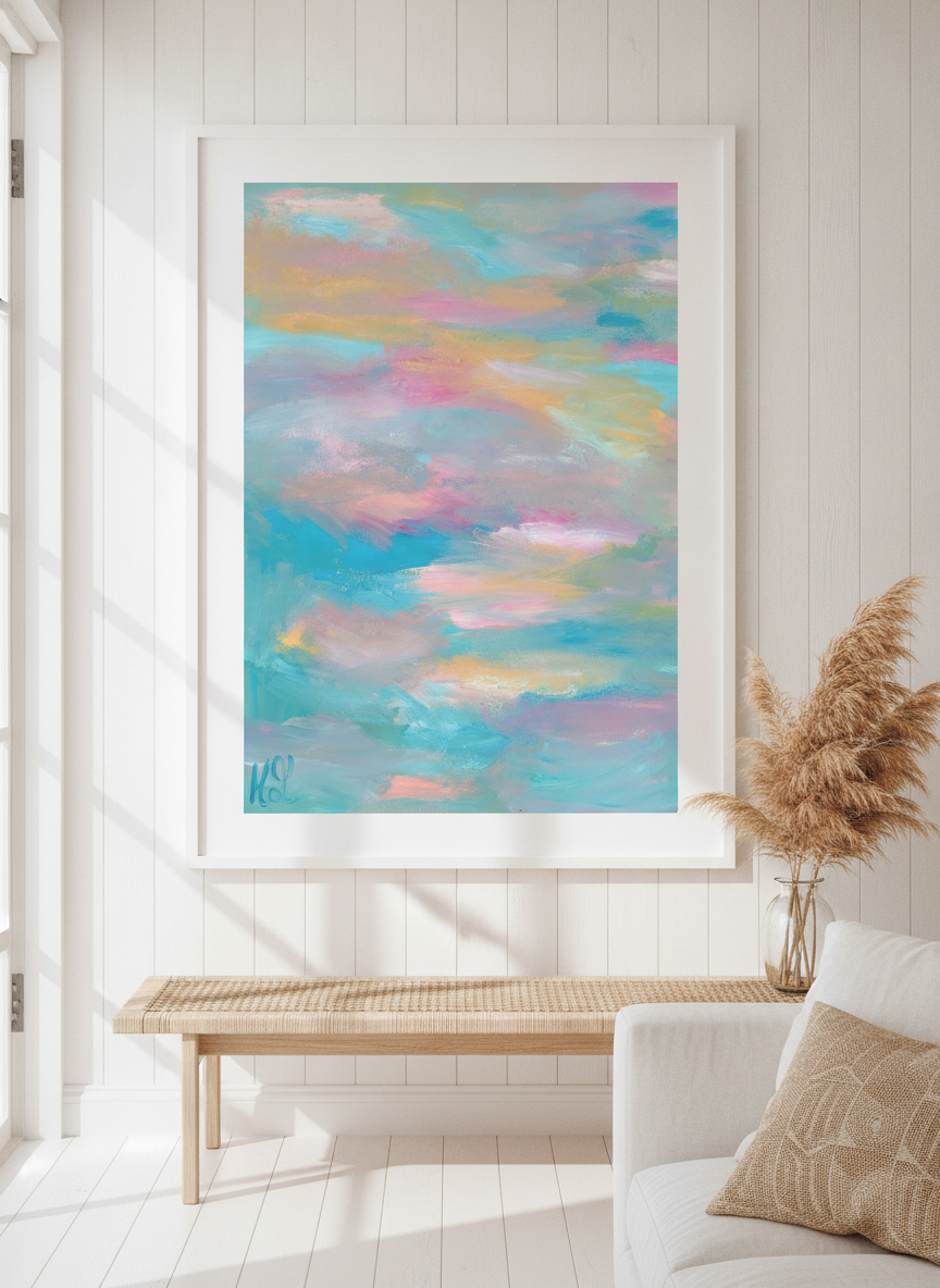 Neutral wall art displayed in a sunny coastal beach house