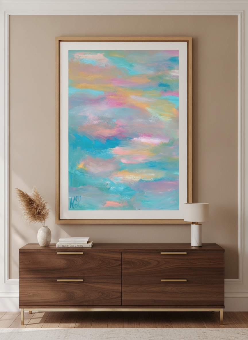 Monumental artwork centred on a feature wall in a luxe interior