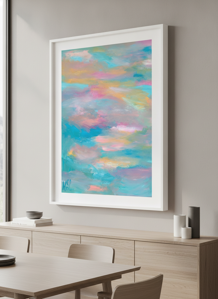 Wall art styled above a dining table in a contemporary home