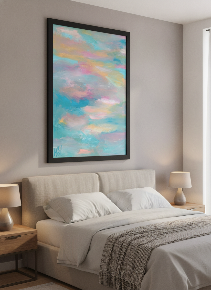 Minimalist artwork displayed in a calm, light-filled bedroom interior