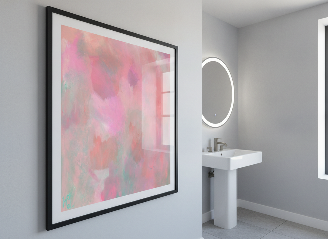 Modern print displayed in a clean minimalist bathroom setting