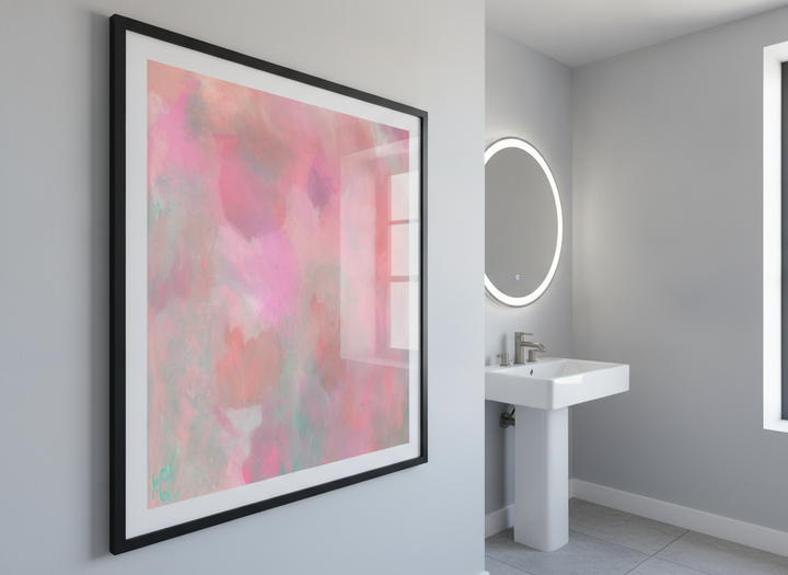 Modern print displayed in a clean minimalist bathroom setting