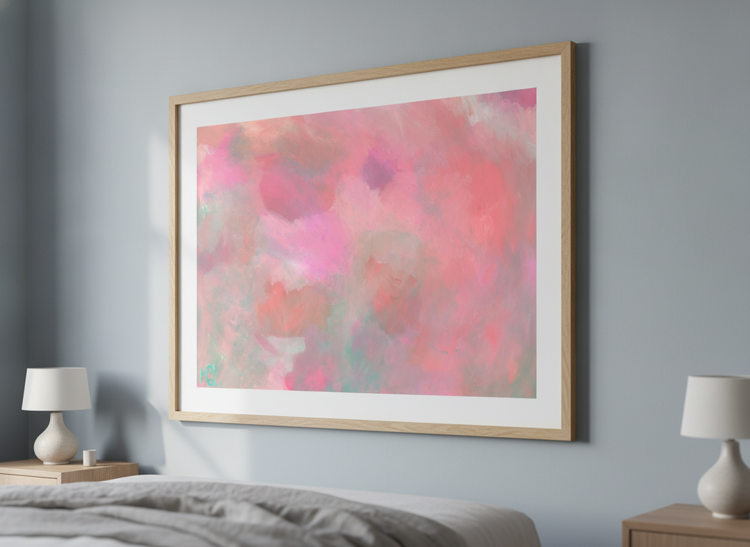 Minimalist artwork displayed in a calm, light-filled bedroom interior