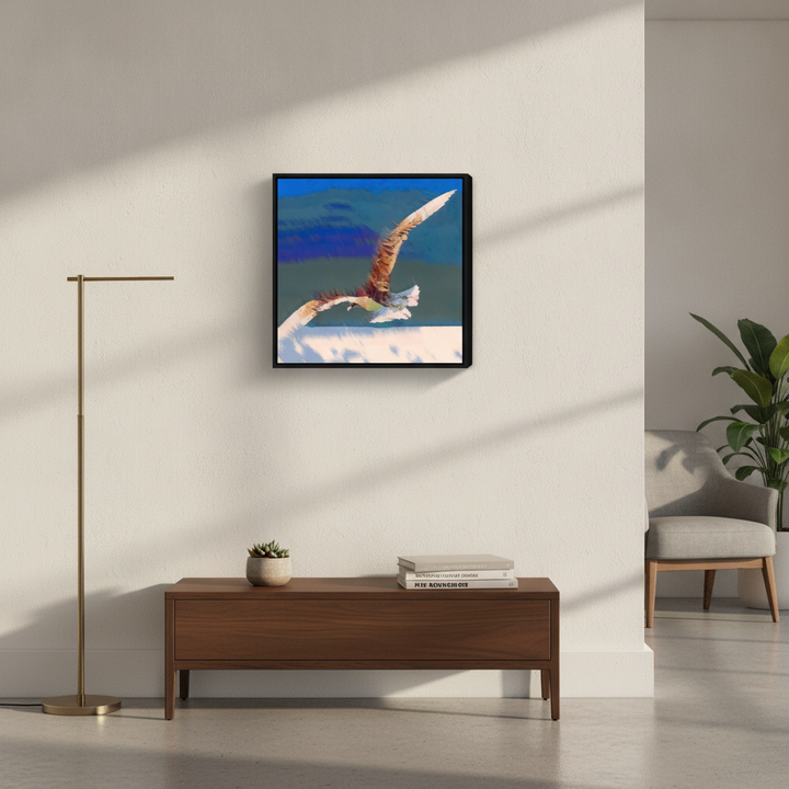 Canvas wall art with a black surround styled in a bright modern office