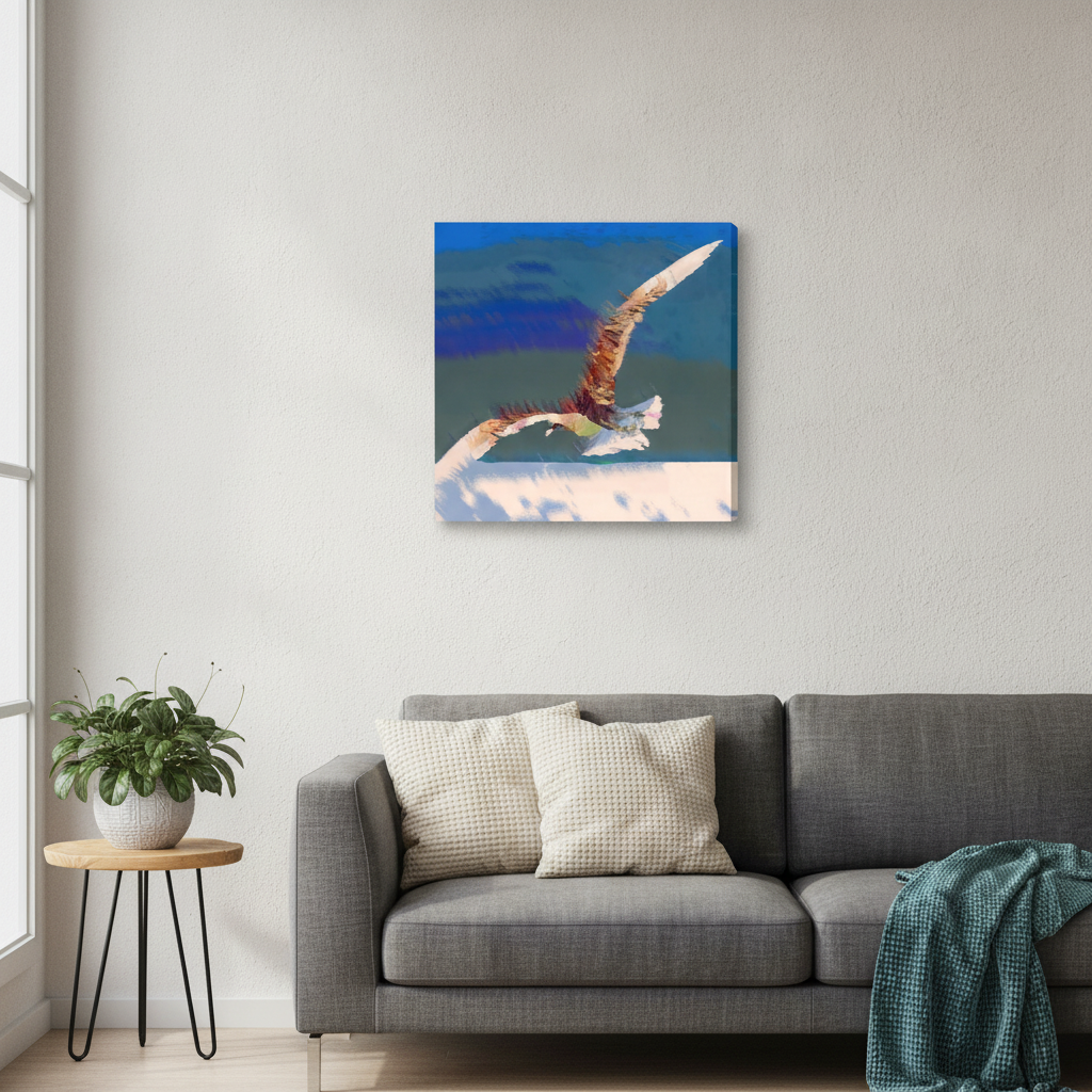 Stretched canvas wall art styled in a neutral living room