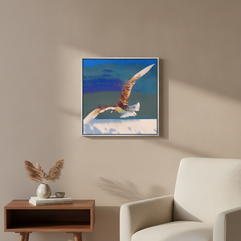 Canvas wall art with a silver leaf surround styled in a neutral living room