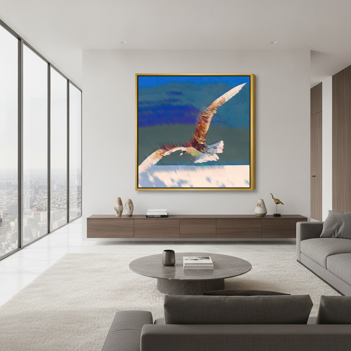 Oversized statement canvas wall art with a gold leaf surround styled in a luxe interior