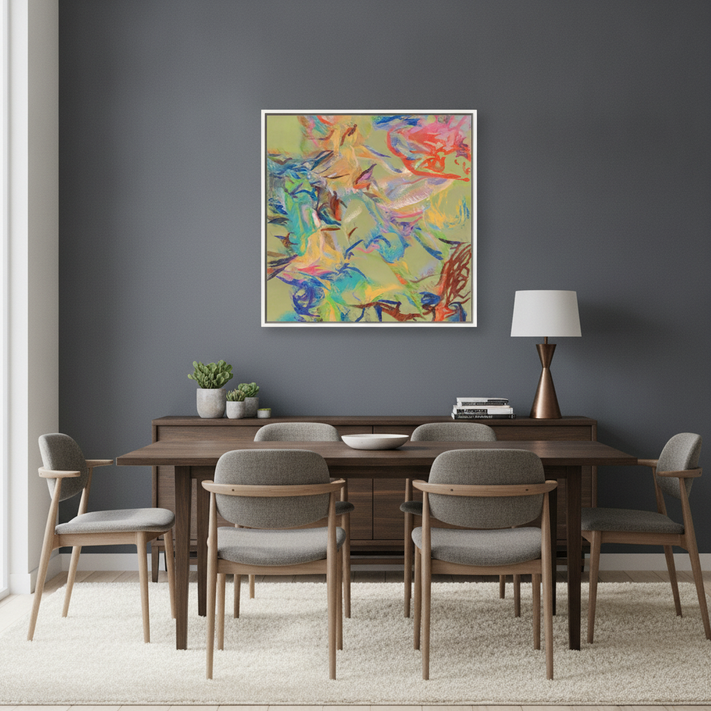 Canvas wall art with a white surround styled in a contemporary dining room