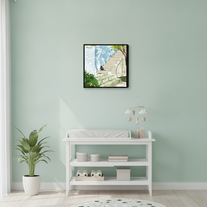 Canvas wall art with a black surround styled in a serene nursery