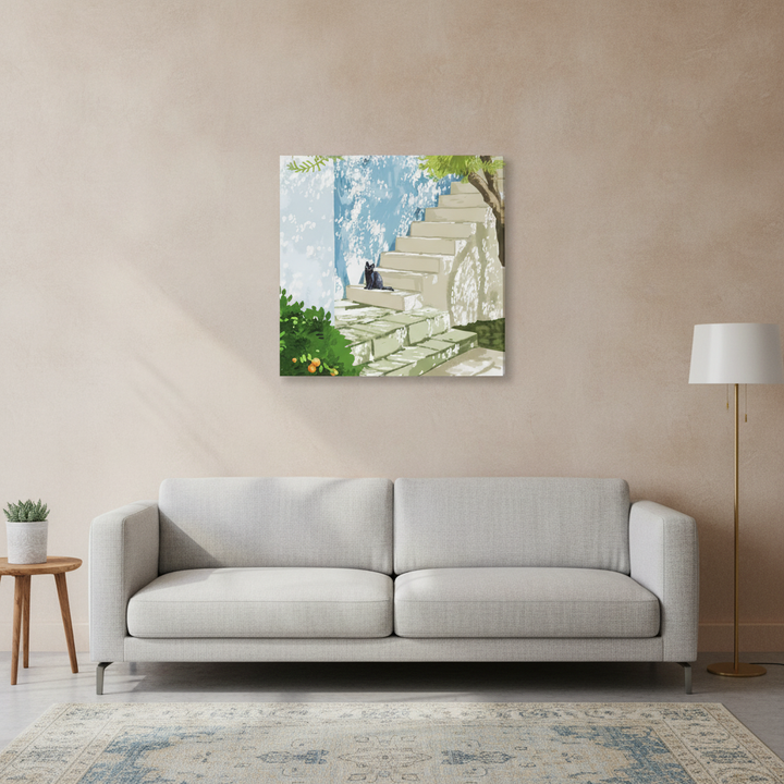 Stretched canvas wall art styled in a neutral living room