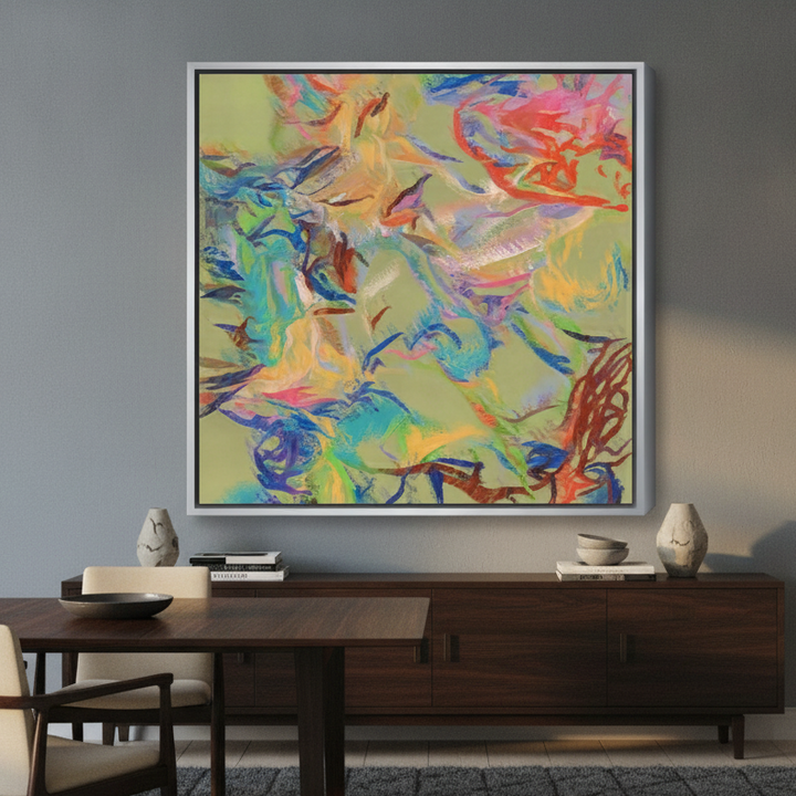 Oversized statement canvas wall art with a silver leaf surround styled in a luxe interior