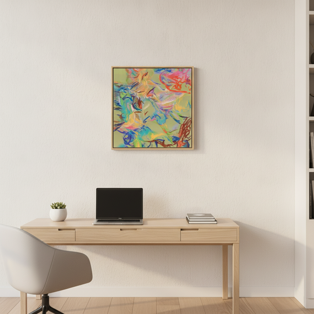 Canvas wall art with a natural timber surround styled in a bright modern office