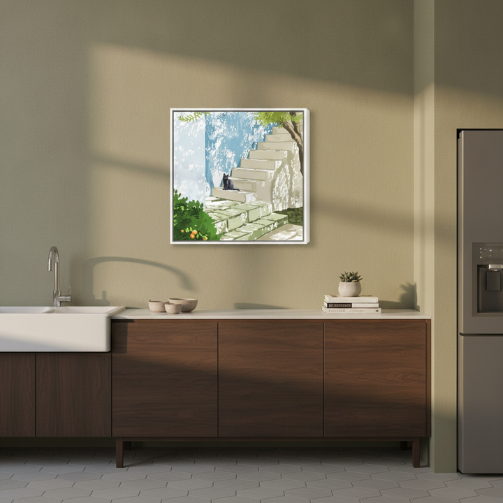 Canvas wall art with a white surround styled in a bright modern kitchen