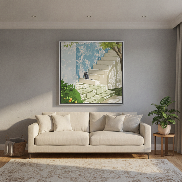Oversized statement canvas wall art with a silver leaf surround styled in a neutral living room