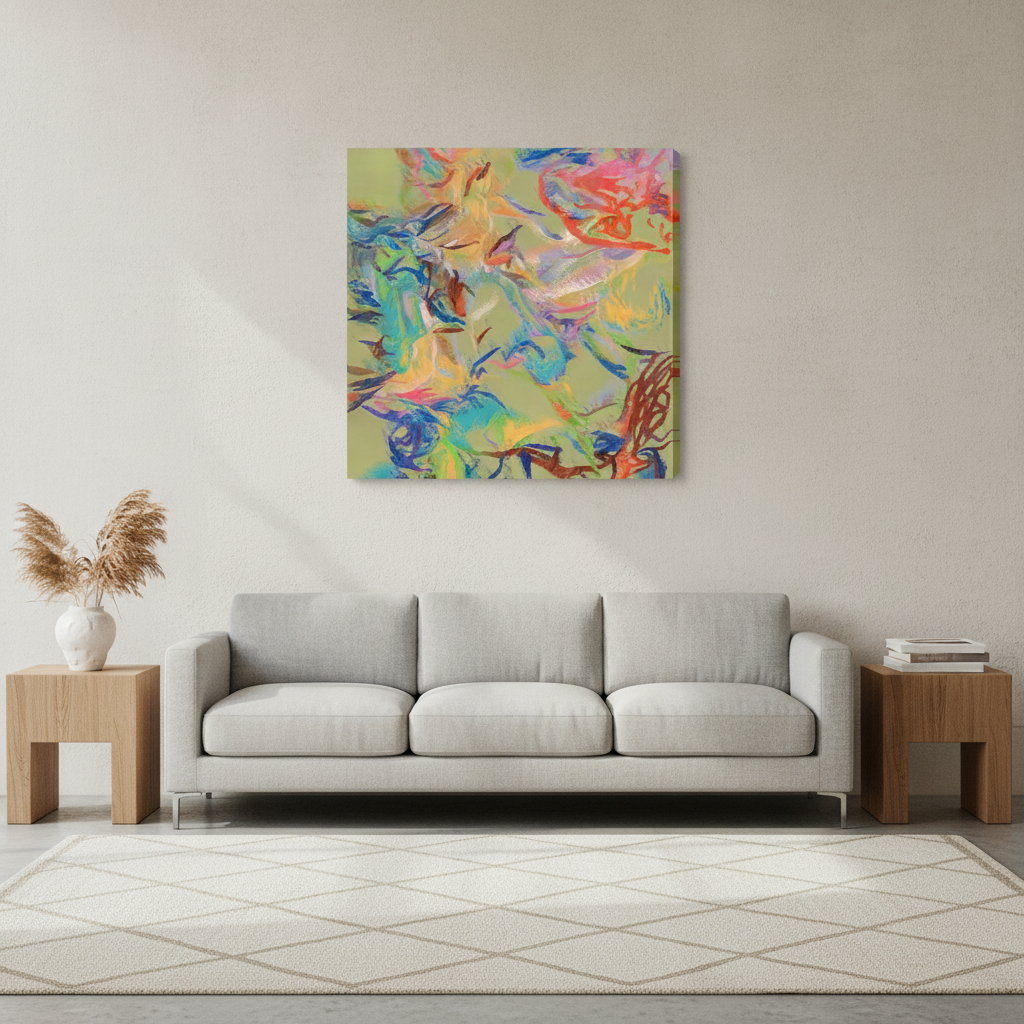Stretched canvas wall art styled in a neutral living room