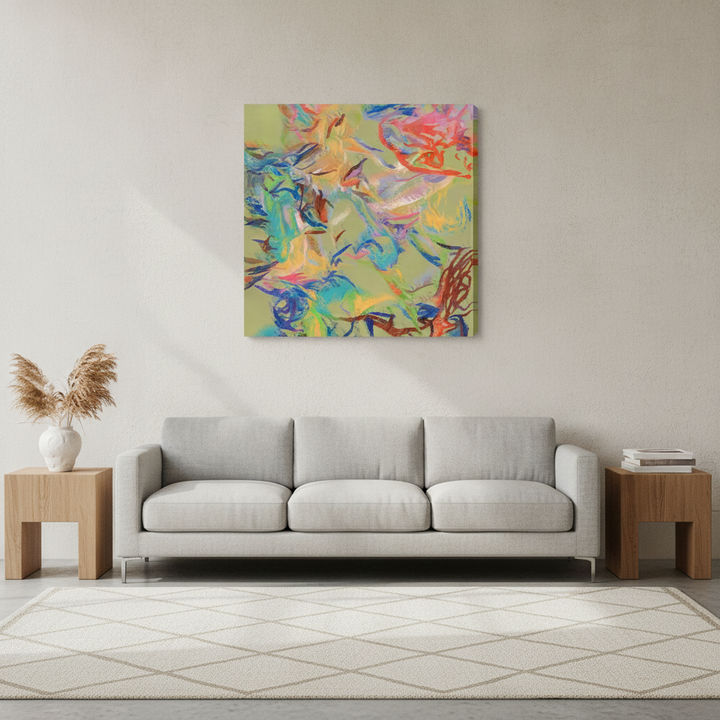Stretched canvas wall art styled in a neutral living room