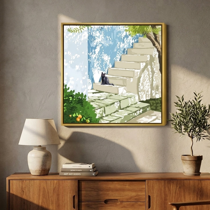 Canvas wall art with a gold leaf surround styled in a bright modern office