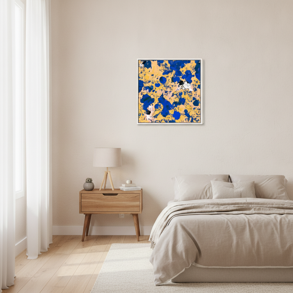 Canvas wall art with a white surround styled in a calm, light-filled bedroom