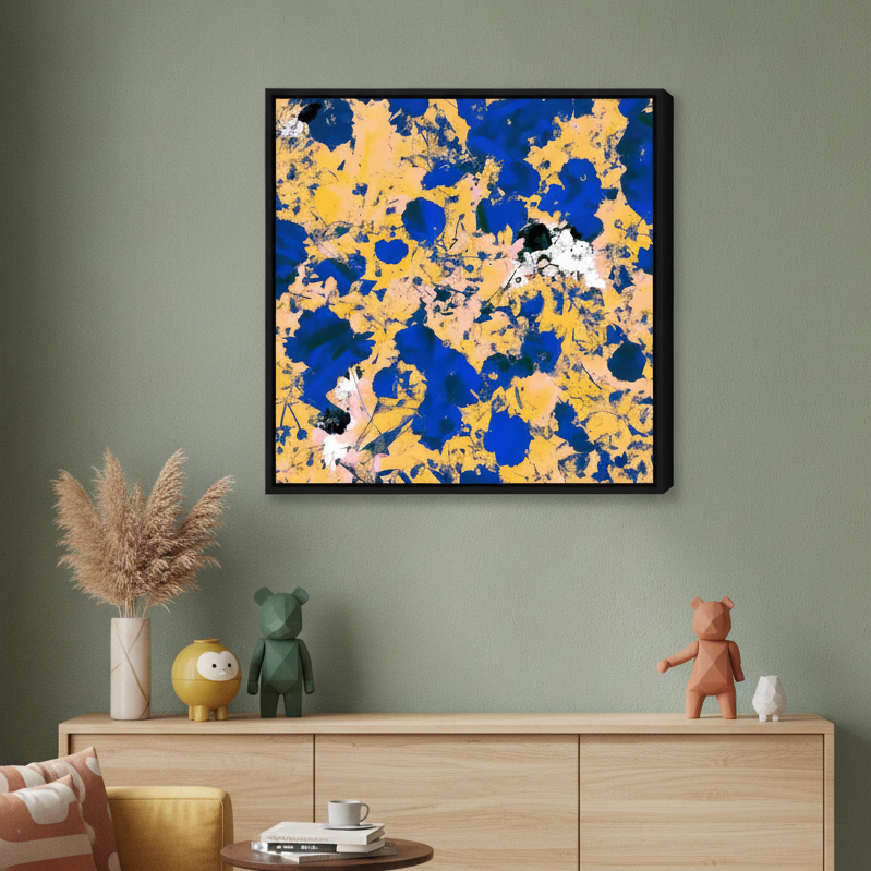 Canvas wall art with a black surround styled in a colourful, eclectic modern home